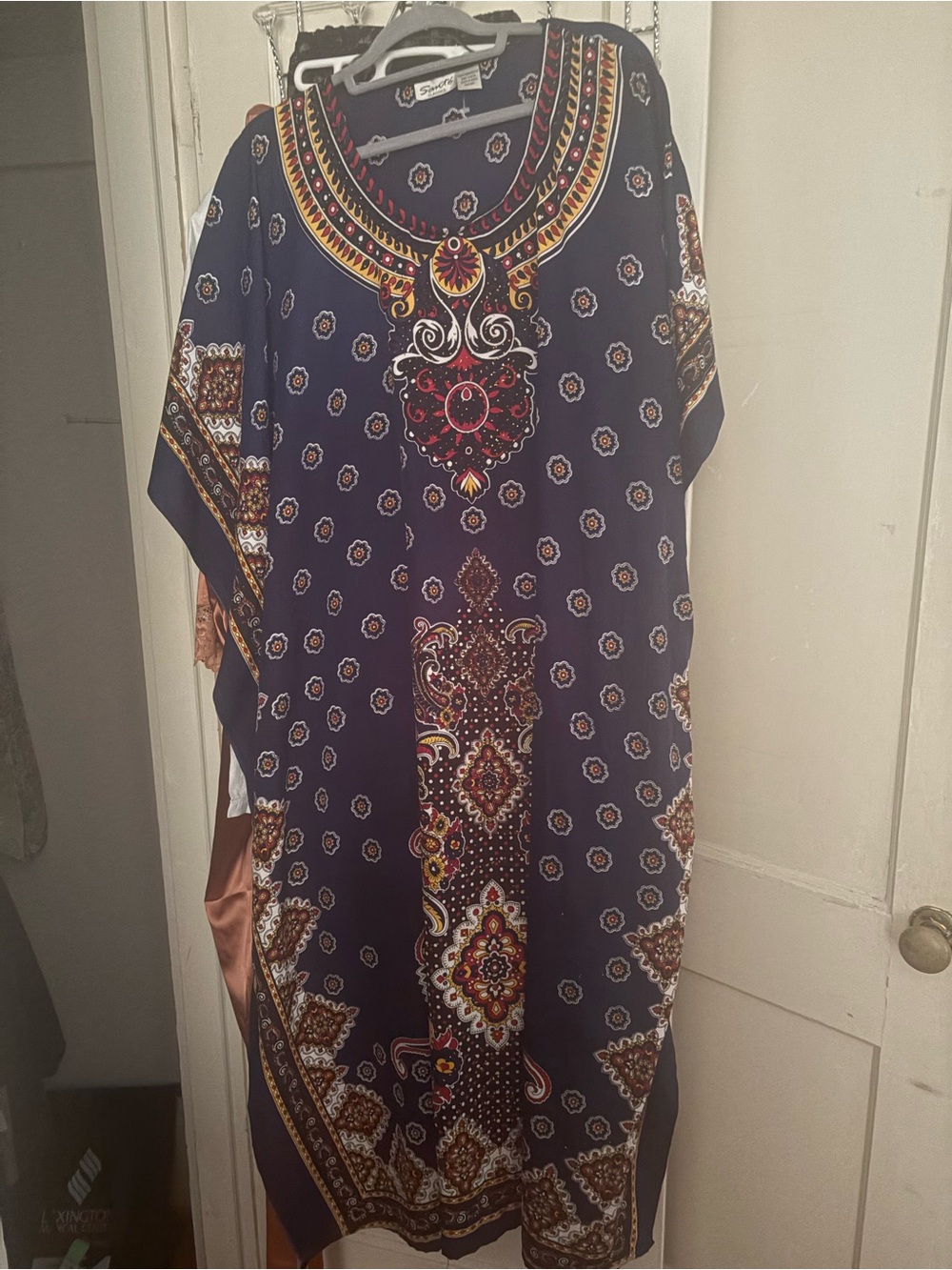 Navy Boho Print Kaftan Dress with Red & Gold Accents